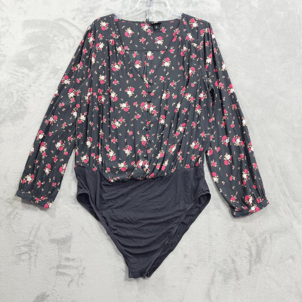 Torrid Bodysuit Womens 2X Black Pink Floral Button Front V-Neck Long Sleeve
